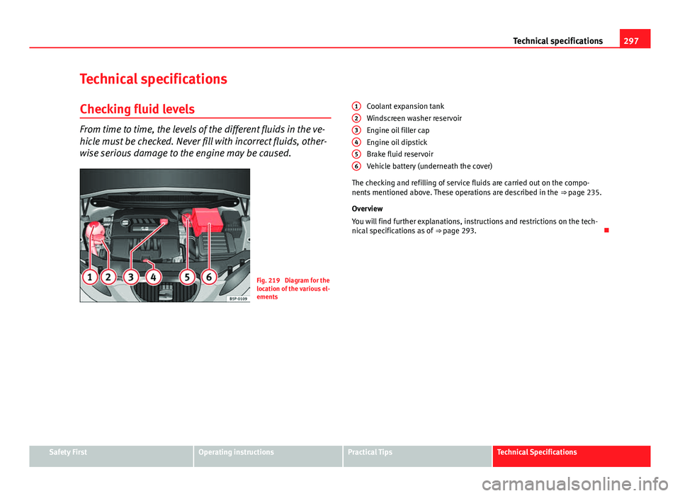 Seat Altea XL 2014 Owners Manual 297
Technical specifications
Technical specifications
Checking fluid levels
From time to time, the levels of the different fluids in the ve-
hicle must be checked. Never fill with incorrect fluids, ot Seat Altea XL 2014 Owners Manual 297
Technical specifications
Technical specifications
Checking fluid levels
From time to time, the levels of the different fluids in the ve-
hicle must be checked. Never fill with incorrect fluids, ot