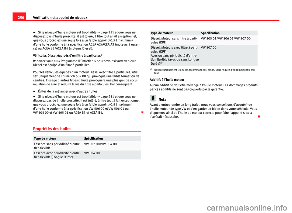 Seat Altea XL 2014 Manuel du propriétaire (in French) 250Vérification et appoint de niveaux
●Si le niveau d'huile moteur est trop faible ⇒ page 251 et que vous ne
disposez pas d'huile prescrite, il est toléré, à titre tout à fait exce Seat Altea XL 2014 Manuel du propriétaire (in French) 250Vérification et appoint de niveaux
●Si le niveau d'huile moteur est trop faible ⇒ page 251 et que vous ne
disposez pas d'huile prescrite, il est toléré, à titre tout à fait exce