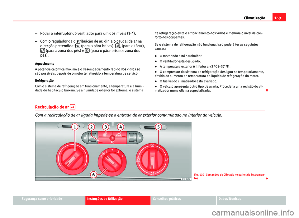 Seat Altea XL 2014  Manual do proprietário (in Portuguese)  169
Climatização
– Rodar o interruptor do ventilador para um dos níveis (1-4).
– Com o regulador da distribuição de ar, dirija o caudal de ar na
direcção pretendida:  
 (para o pára-bri