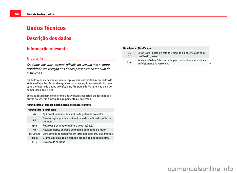Seat Altea XL 2014  Manual do proprietário (in Portuguese)  304Descrição dos dados
Dados Técnicos
Descrição dos dados
Informação relevanteImportante
Os dados nos documentos oficiais do veículo têm sempre
prioridade em relação aos dados presentes no 