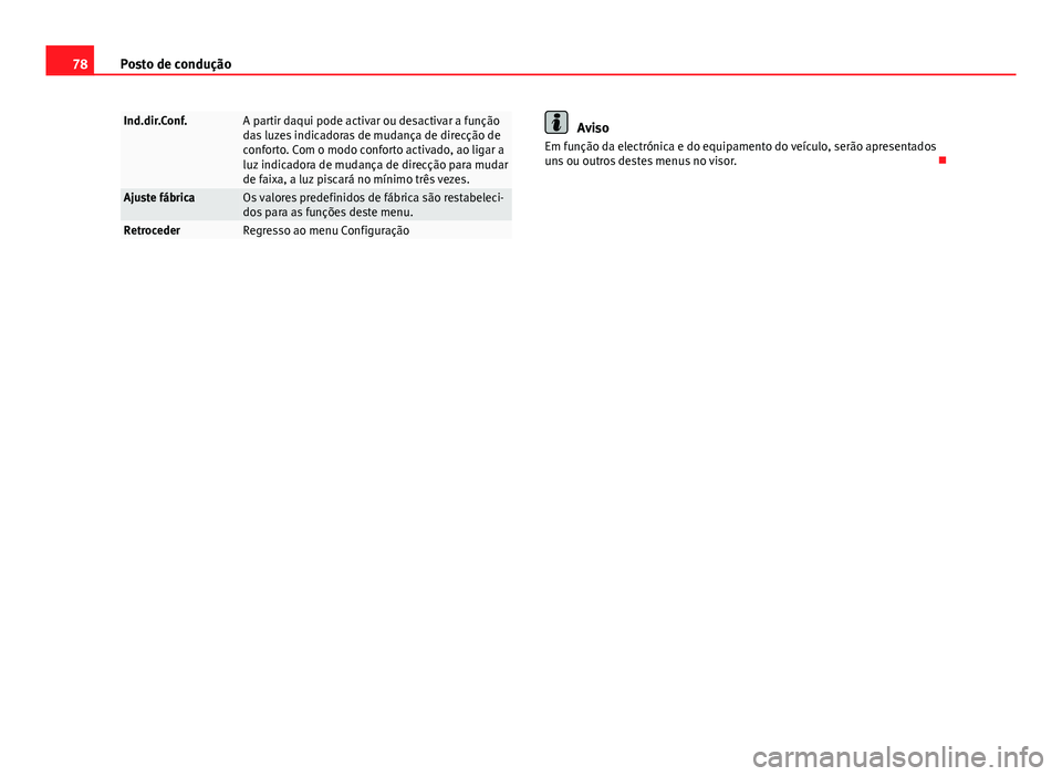 Seat Altea XL 2014 Manual do proprietário (in Portuguese) 78Posto de condução
Ind.dir.Conf.A partir daqui pode activar ou desactivar a função
das luzes indicadoras de mudança de direcção de
conforto. Com o modo conforto activado, ao ligar a
luz indica Seat Altea XL 2014 Manual do proprietário (in Portuguese) 78Posto de condução
Ind.dir.Conf.A partir daqui pode activar ou desactivar a função
das luzes indicadoras de mudança de direcção de
conforto. Com o modo conforto activado, ao ligar a
luz indica