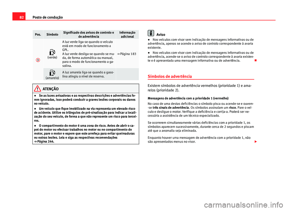 Seat Altea XL 2014  Manual do proprietário (in Portuguese)  82Posto de condução
Pos.SímboloSignificado dos avisos de controlo e
de advertênciaInformaçãoadicional
3

(verde)
A luz verde liga-se quando o veículo
está em modo de funcionamento a
GPL.
A 