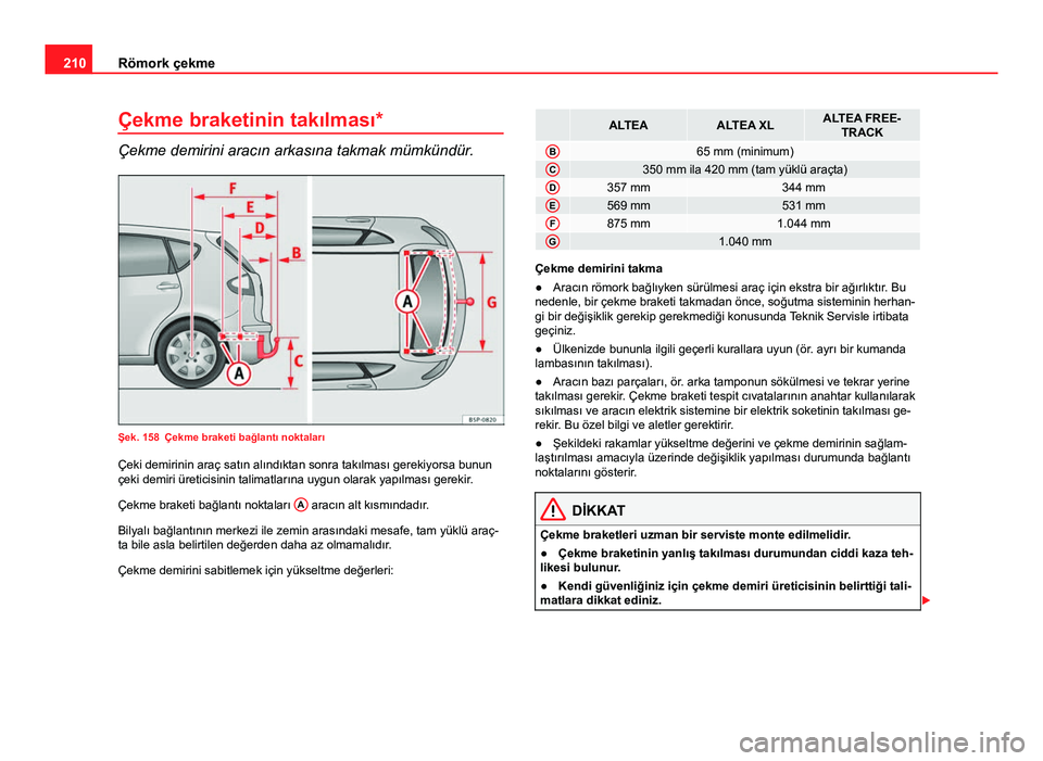 Seat Altea XL 2014 Kullanım Kılavuzu (in Turkish) 210Römork çekme
Çekme braketinin takılması*
Çekme demirini aracın arkasına takmak mümkündür.
Şek. 158 Çekme braketi bağlantı noktaları
Çeki demirinin araç satın alındıktan sonra t Seat Altea XL 2014 Kullanım Kılavuzu (in Turkish) 210Römork çekme
Çekme braketinin takılması*
Çekme demirini aracın arkasına takmak mümkündür.
Şek. 158 Çekme braketi bağlantı noktaları
Çeki demirinin araç satın alındıktan sonra t