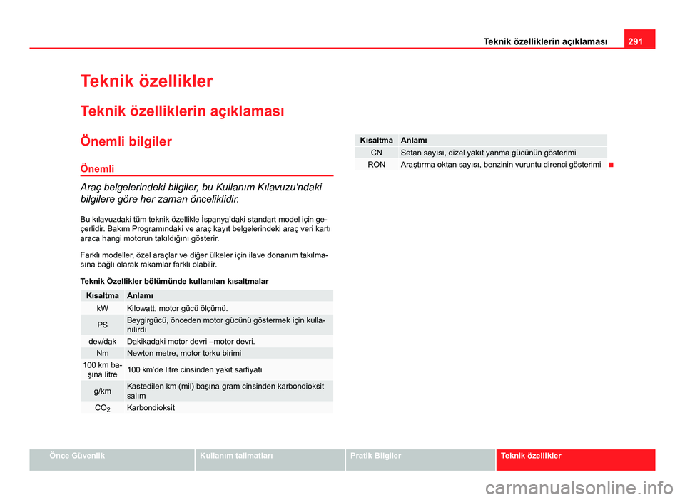 Seat Altea XL 2014  Kullanım Kılavuzu (in Turkish) 291
Teknik özelliklerin açıklaması
Teknik özellikler Teknik özelliklerin açıklaması
Önemli bilgiler Önemli
Araç belgelerindeki bilgiler, bu Kullanım Kılavuzu'ndaki
bilgilere göre he