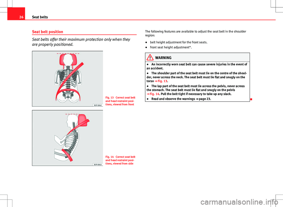Seat Altea XL 2013 Owners Guide 26Seat belts
Seat belt position
Seat belts offer their maximum protection only when they
are properly positioned.
Fig. 13 Correct seat belt
and head restraint posi-
tions, viewed from front
Fig. 14 Seat Altea XL 2013 Owners Guide 26Seat belts
Seat belt position
Seat belts offer their maximum protection only when they
are properly positioned.
Fig. 13 Correct seat belt
and head restraint posi-
tions, viewed from front
Fig. 14