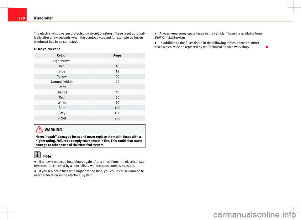 Seat Altea XL 2013  Owners Manual 270If and when
The electric windows are protected by  circuit breakers. These reset automat-
ically after a few seconds when the overload (caused for example by frozen
windows) has been corrected.
Fus