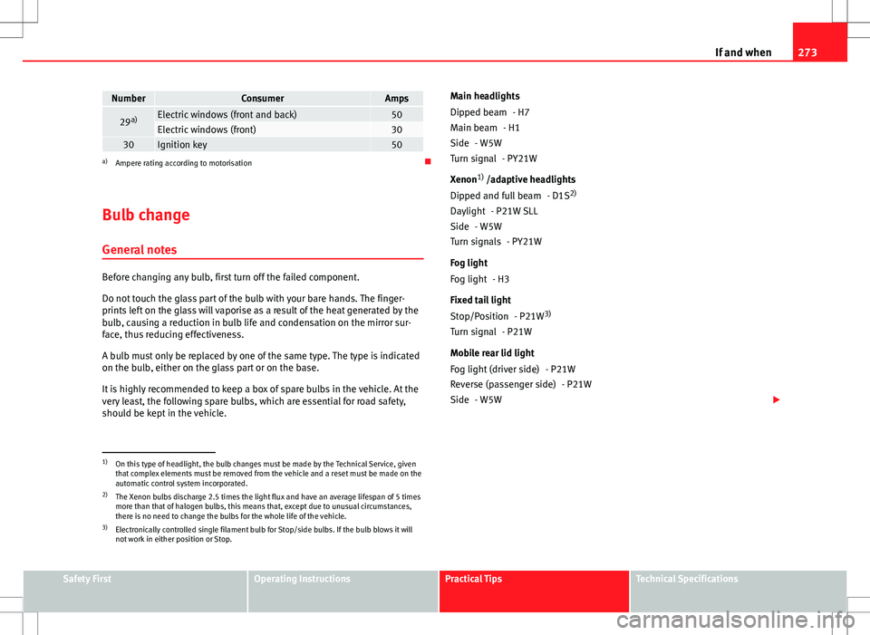 Seat Altea XL 2013  Owners Manual 273
If and when
NumberConsumerAmps
29 a)Electric windows (front and back)50Electric windows (front)3030Ignition key50a)
Ampere rating according to motorisation 
Bulb change General notes
Before cha