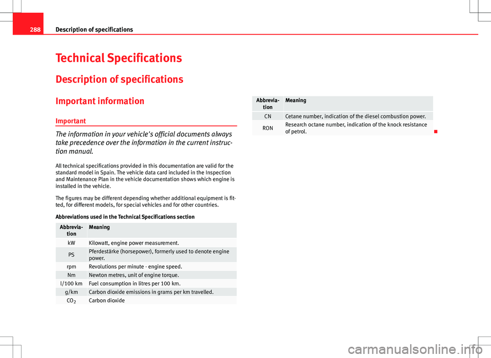 Seat Altea XL 2013  Owners Manual 288Description of specifications
Technical Specifications
Description of specifications
Important information
Important
The information in your vehicle's official documents always
take precedence 