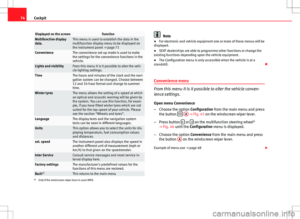Seat Altea XL 2013  Owners Manual 74Cockpit
Displayed on the screenFunctionMultifunction display
data.This menu is used to establish the data in the
multifunction display menu to be displayed on
the instrument panel  ⇒ page 71
Con