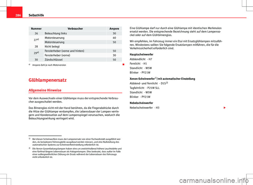 Seat Altea XL 2013  Betriebsanleitung (in German) 286Selbsthilfe
NummerVerbraucherAmpere26Beleuchtung links30
27a)Motorsteuerung40Motorsteuerung5028Nicht belegt 
29a)Fensterheber (vorne und hinten)50Fensterheber (vorne)3030Zündschlüssel50a)
Ampere-