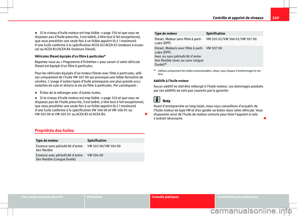 Seat Altea XL 2013 Manuel du propriétaire (in French) 249
Contrôle et appoint de niveaux
● Si le niveau d'huile moteur est trop faible ⇒ page 250 et que vous ne
disposez pas d'huile prescrite, il est toléré, à titre tout à fait except Seat Altea XL 2013 Manuel du propriétaire (in French) 249
Contrôle et appoint de niveaux
● Si le niveau d'huile moteur est trop faible ⇒ page 250 et que vous ne
disposez pas d'huile prescrite, il est toléré, à titre tout à fait except