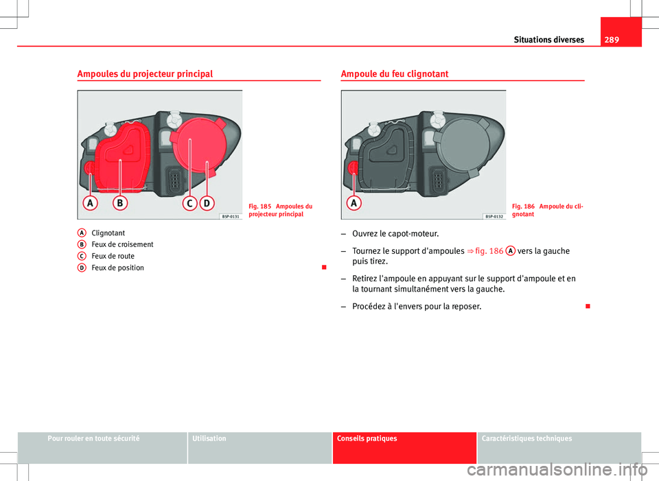 Seat Altea XL 2013  Manuel du propriétaire (in French)  289
Situations diverses
Ampoules du projecteur principal
Fig. 185  Ampoules du
projecteur principal
Clignotant
Feux de croisement
Feux de route
Feux de position 
A
BCD
Ampoule du feu clignotant
Fig