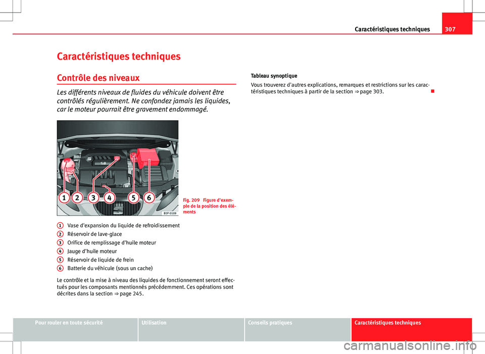 Seat Altea XL 2013 Manuel du propriétaire (in French) 307
Caractéristiques techniques
Caractéristiques techniques
Contrôle des niveaux
Les différents niveaux de fluides du véhicule doivent être
contrôlés régulièrement. Ne confondez jamais les l Seat Altea XL 2013 Manuel du propriétaire (in French) 307
Caractéristiques techniques
Caractéristiques techniques
Contrôle des niveaux
Les différents niveaux de fluides du véhicule doivent être
contrôlés régulièrement. Ne confondez jamais les l