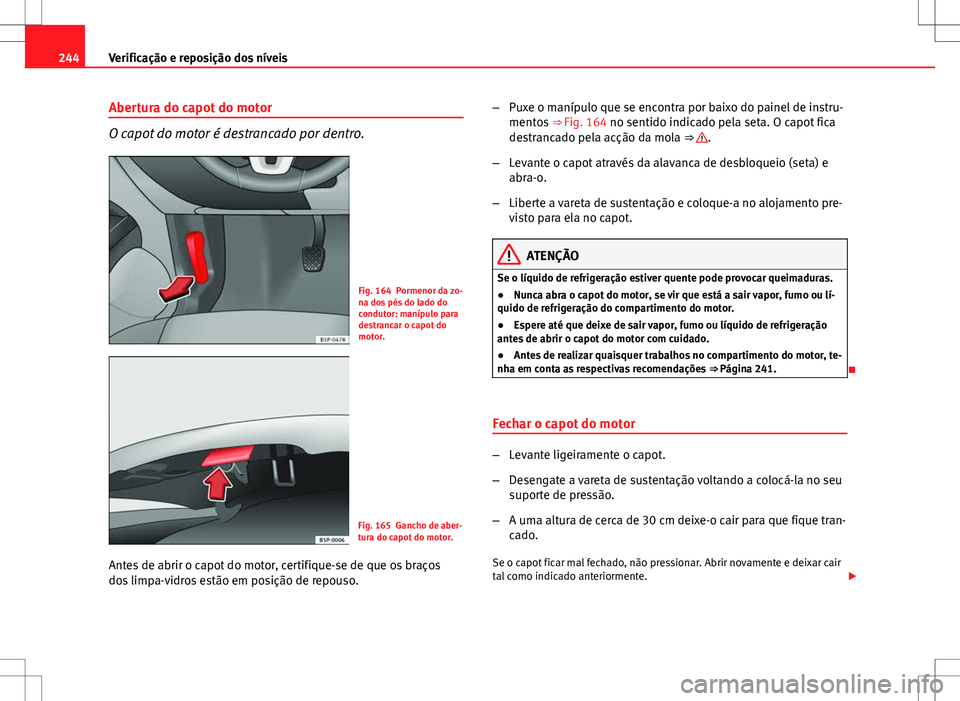 Seat Altea XL 2013  Manual do proprietário (in Portuguese)  244Verificação e reposição dos níveis
Abertura do capot do motor
O capot do motor é destrancado por dentro.
Fig. 164 Pormenor da zo-
na dos pés do lado do
condutor: manípulo para
destrancar o 