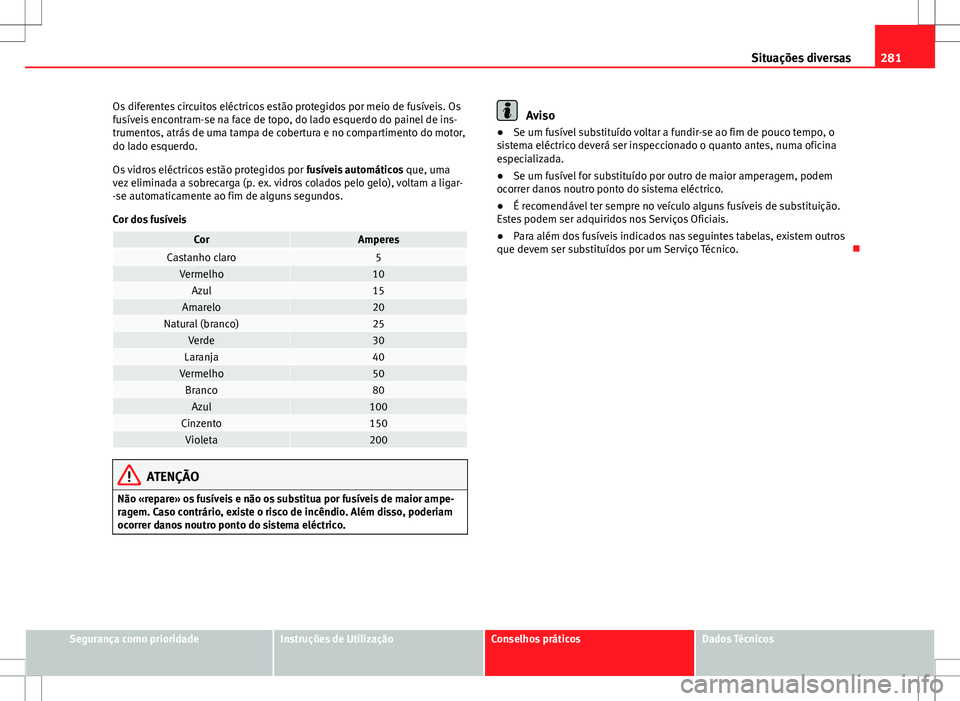 Seat Altea XL 2013 Manual do proprietário (in Portuguese) 281
Situações diversas
Os diferentes circuitos eléctricos estão protegidos por meio de fusíveis. Os
fusíveis encontram-se na face de topo, do lado esquerdo do painel de ins-
trumentos, atrás de Seat Altea XL 2013 Manual do proprietário (in Portuguese) 281
Situações diversas
Os diferentes circuitos eléctricos estão protegidos por meio de fusíveis. Os
fusíveis encontram-se na face de topo, do lado esquerdo do painel de ins-
trumentos, atrás de