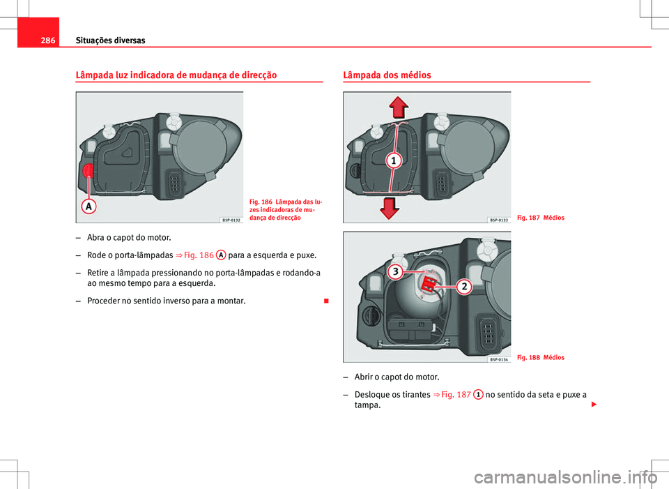 Seat Altea XL 2013 Manual do proprietário (in Portuguese) 286Situações diversas
Lâmpada luz indicadora de mudança de direcção
Fig. 186 Lâmpada das lu-
zes indicadoras de mu-
dança de direcção
– Abra o capot do motor.
– Rode o porta-lâmpadas Seat Altea XL 2013 Manual do proprietário (in Portuguese) 286Situações diversas
Lâmpada luz indicadora de mudança de direcção
Fig. 186 Lâmpada das lu-
zes indicadoras de mu-
dança de direcção
– Abra o capot do motor.
– Rode o porta-lâmpadas