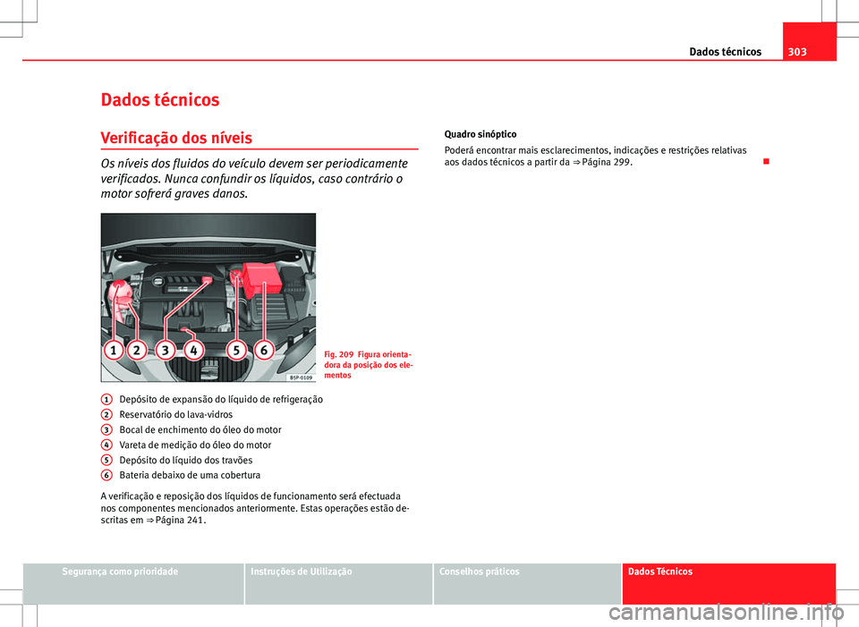 Seat Altea XL 2013 Manual do proprietário (in Portuguese) 303
Dados técnicos
Dados técnicos
Verificação dos níveis
Os níveis dos fluidos do veículo devem ser periodicamente
verificados. Nunca confundir os líquidos, caso contrário o
motor sofrerá gr Seat Altea XL 2013 Manual do proprietário (in Portuguese) 303
Dados técnicos
Dados técnicos
Verificação dos níveis
Os níveis dos fluidos do veículo devem ser periodicamente
verificados. Nunca confundir os líquidos, caso contrário o
motor sofrerá gr