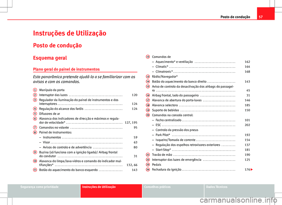 Seat Altea XL 2013 Manual do proprietário (in Portuguese) 57
Posto de condução
Instruções de Utilização
Posto de condução
Esquema geral
Plano geral do painel de instrumentos
Esta panorâmica pretende ajudá-lo a se familiarizar com os
avisos e com os Seat Altea XL 2013 Manual do proprietário (in Portuguese) 57
Posto de condução
Instruções de Utilização
Posto de condução
Esquema geral
Plano geral do painel de instrumentos
Esta panorâmica pretende ajudá-lo a se familiarizar com os
avisos e com os