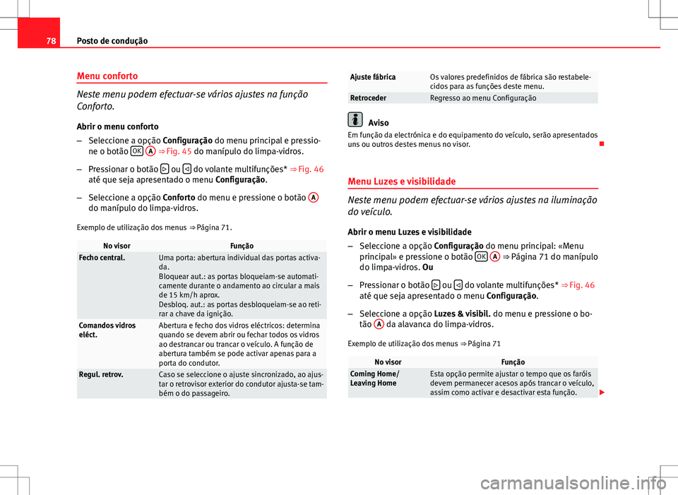 Seat Altea XL 2013 Manual do proprietário (in Portuguese) 78Posto de condução
Menu conforto
Neste menu podem efectuar-se vários ajustes na função
Conforto.
Abrir o menu conforto
– Seleccione a opção Configuração do menu principal e pressio-
ne o Seat Altea XL 2013 Manual do proprietário (in Portuguese) 78Posto de condução
Menu conforto
Neste menu podem efectuar-se vários ajustes na função
Conforto.
Abrir o menu conforto
– Seleccione a opção Configuração do menu principal e pressio-
ne o