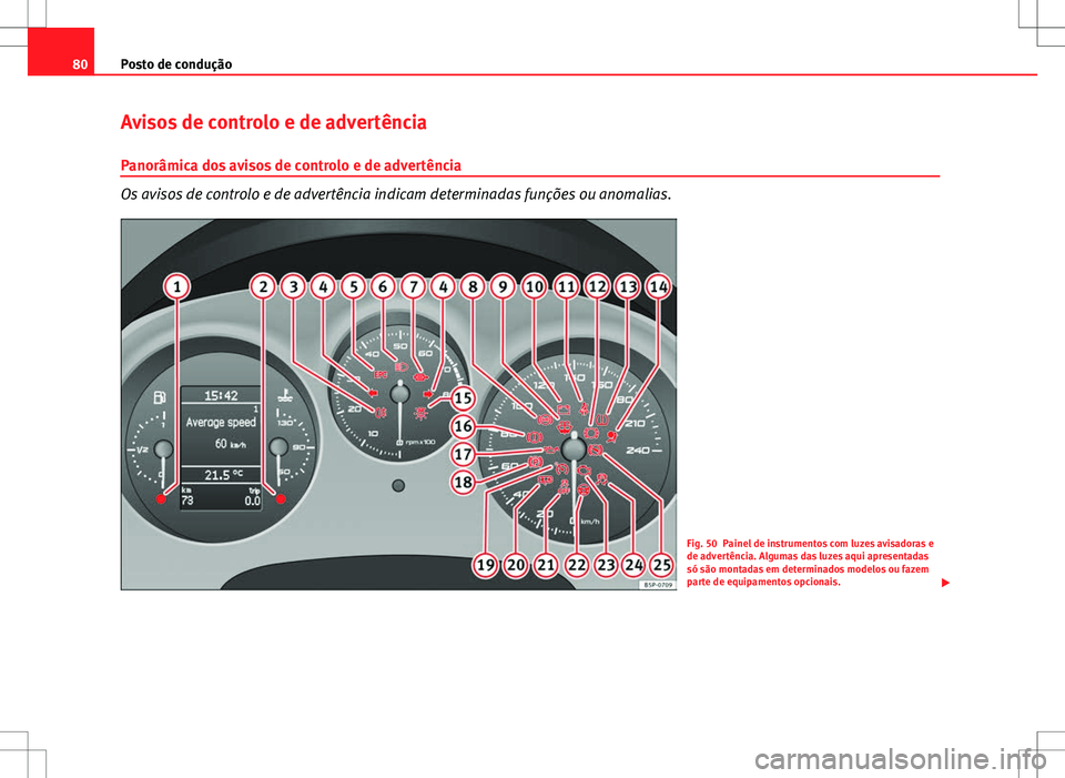 Seat Altea XL 2013 Manual do proprietário (in Portuguese) 80Posto de condução
Avisos de controlo e de advertência
Panorâmica dos avisos de controlo e de advertência
Os avisos de controlo e de advertência indicam determinadas funções ou anomalias.
Fig Seat Altea XL 2013 Manual do proprietário (in Portuguese) 80Posto de condução
Avisos de controlo e de advertência
Panorâmica dos avisos de controlo e de advertência
Os avisos de controlo e de advertência indicam determinadas funções ou anomalias.
Fig