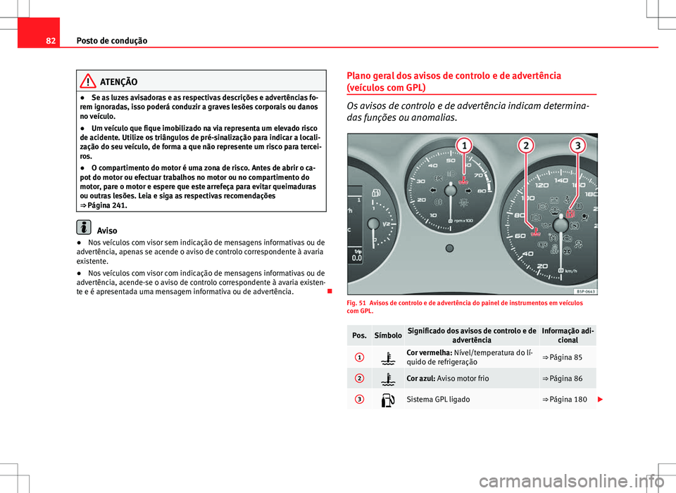 Seat Altea XL 2013 Manual do proprietário (in Portuguese) 82Posto de condução
ATENÇÃO
● Se as luzes avisadoras e as respectivas descrições e advertências fo-
rem ignoradas, isso poderá conduzir a graves lesões corporais ou danos
no veículo.
● U Seat Altea XL 2013 Manual do proprietário (in Portuguese) 82Posto de condução
ATENÇÃO
● Se as luzes avisadoras e as respectivas descrições e advertências fo-
rem ignoradas, isso poderá conduzir a graves lesões corporais ou danos
no veículo.
● U
