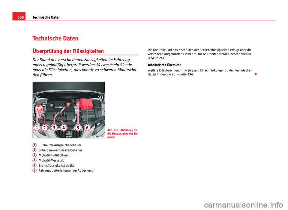 Seat Altea XL 2012  Betriebsanleitung (in German) 300Technische Daten
Technische Daten
Überprüfung der Flüssigkeiten
Der Stand der verschiedenen Flüssigkeiten im Fahrzeug
muss regelmäßig überprüft werden. Verwechseln Sie nie-
mals die Flüssi