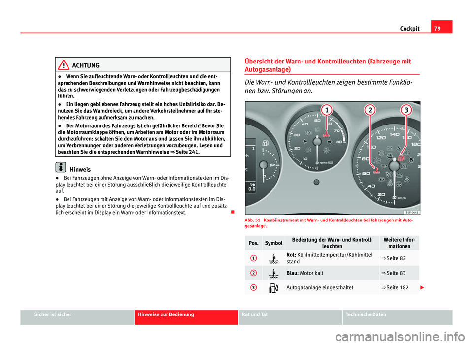 Seat Altea XL 2012  Betriebsanleitung (in German) 79
Cockpit
ACHTUNG
● Wenn Sie aufleuchtende Warn- oder Kontrollleuchten und die ent-
sprechenden Beschreibungen und Warnhinweise nicht beachten, kann
das zu schwerwiegenden Verletzungen oder Fahrzeu