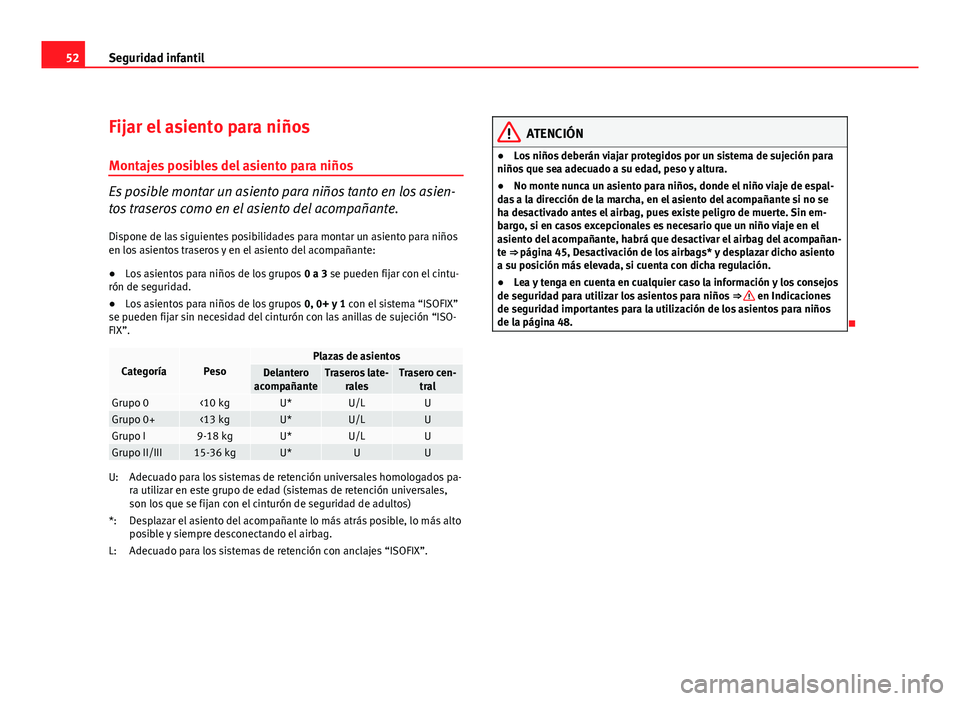 Seat Altea XL 2012 Manual del propietario (in Spanish) 52Seguridad infantil
Fijar el asiento para niños
Montajes posibles del asiento para niños
Es posible montar un asiento para niños tanto en los asien-
tos traseros como en el asiento del acompañant Seat Altea XL 2012 Manual del propietario (in Spanish) 52Seguridad infantil
Fijar el asiento para niños
Montajes posibles del asiento para niños
Es posible montar un asiento para niños tanto en los asien-
tos traseros como en el asiento del acompañant