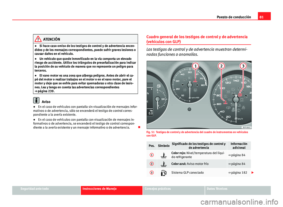Seat Altea XL 2012 Manual del propietario (in Spanish) 81
Puesto de conducción
ATENCIÓN
● Si hace caso omiso de los testigos de control y de advertencia encen-
didos y de los mensajes correspondientes, puede sufrir graves lesiones o
causar daños en e Seat Altea XL 2012 Manual del propietario (in Spanish) 81
Puesto de conducción
ATENCIÓN
● Si hace caso omiso de los testigos de control y de advertencia encen-
didos y de los mensajes correspondientes, puede sufrir graves lesiones o
causar daños en e