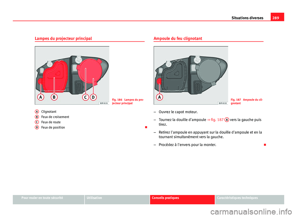 Seat Altea XL 2012 Manuel du propriétaire (in French) 289
Situations diverses
Lampes du projecteur principal
Fig. 186 Lampes du pro-
jecteur principal
Clignotant
Feux de croisement
Feux de route
Feux de position
A
BCD
Ampoule du feu clignotant
Fig. Seat Altea XL 2012 Manuel du propriétaire (in French) 289
Situations diverses
Lampes du projecteur principal
Fig. 186 Lampes du pro-
jecteur principal
Clignotant
Feux de croisement
Feux de route
Feux de position
A
BCD
Ampoule du feu clignotant
Fig.
