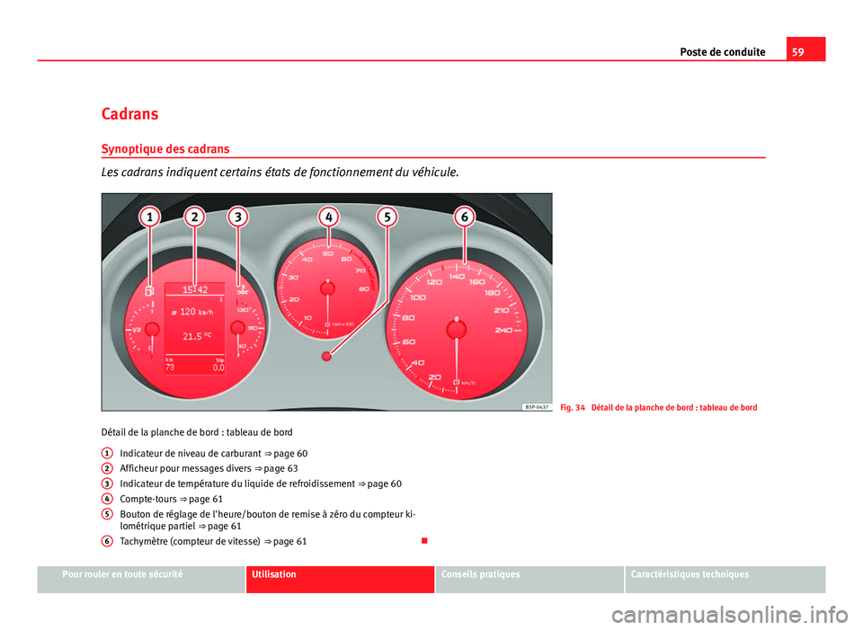 Seat Altea XL 2012 Manuel du propriétaire (in French) 59
Poste de conduite
Cadrans
Synoptique des cadrans
Les cadrans indiquent certains états de fonctionnement du véhicule.
Fig. 34 Détail de la planche de bord : tableau de bord
Détail de la planche Seat Altea XL 2012 Manuel du propriétaire (in French) 59
Poste de conduite
Cadrans
Synoptique des cadrans
Les cadrans indiquent certains états de fonctionnement du véhicule.
Fig. 34 Détail de la planche de bord : tableau de bord
Détail de la planche