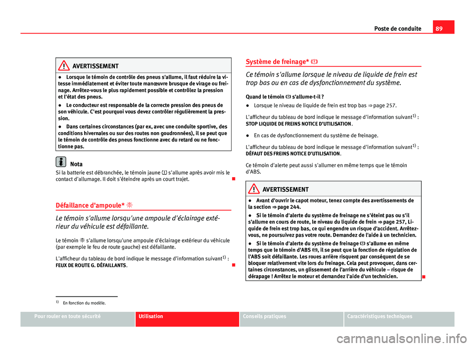 Seat Altea XL 2012 Manuel du propriétaire (in French) 89
Poste de conduite
AVERTISSEMENT
● Lorsque le témoin de contrôle des pneus s'allume, il faut réduire la vi-
tesse immédiatement et éviter toute manœuvre brusque de virage ou frei-
nage. Seat Altea XL 2012 Manuel du propriétaire (in French) 89
Poste de conduite
AVERTISSEMENT
● Lorsque le témoin de contrôle des pneus s'allume, il faut réduire la vi-
tesse immédiatement et éviter toute manœuvre brusque de virage ou frei-
nage.