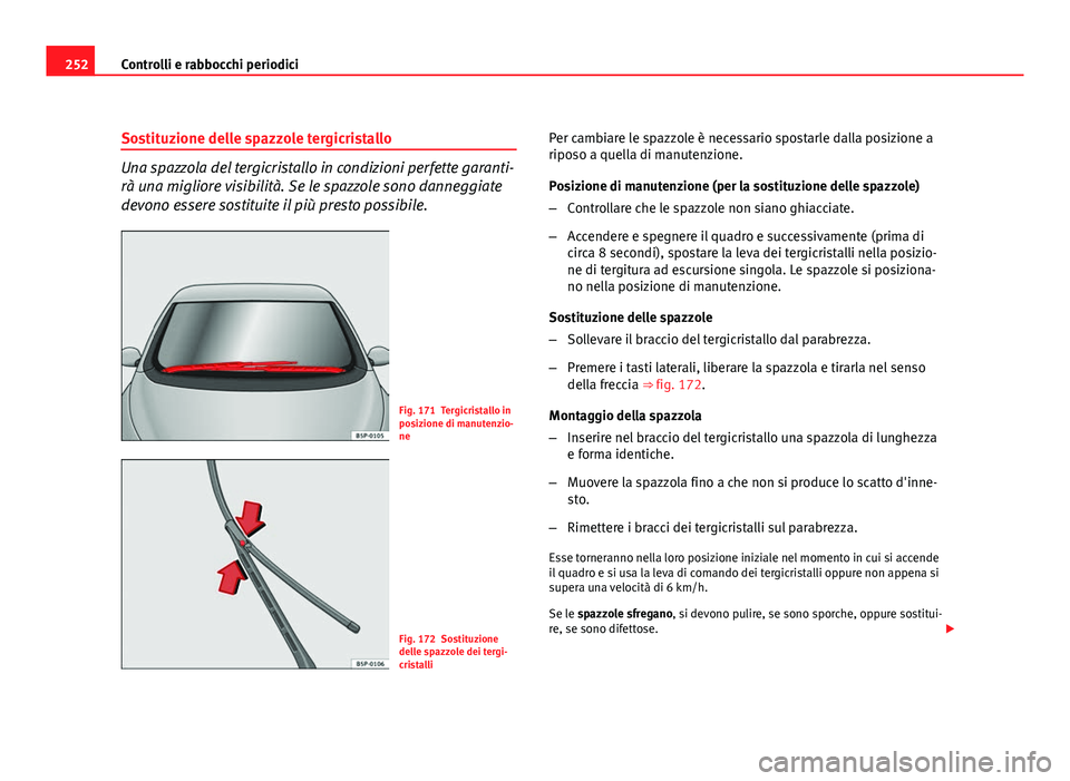 Seat Altea XL 2012  Manuale del proprietario (in Italian) 252Controlli e rabbocchi periodici
Sostituzione delle spazzole tergicristallo
Una spazzola del tergicristallo in condizioni perfette garanti-
rà una migliore visibilità. Se le spazzole sono danneggi