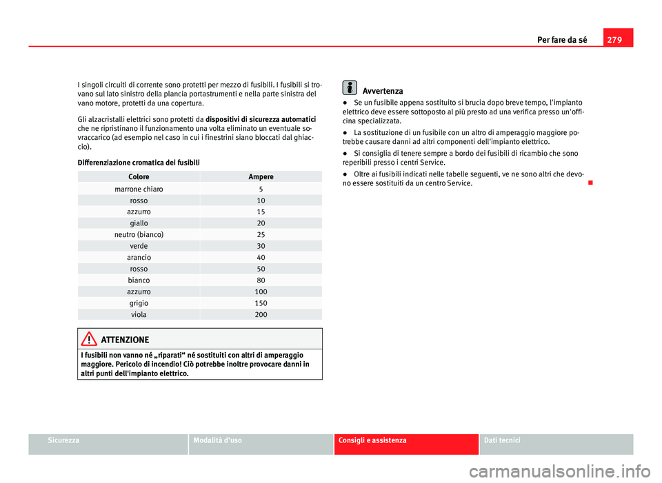 Seat Altea XL 2012  Manuale del proprietario (in Italian) 279
Per fare da sé
I singoli circuiti di corrente sono protetti per mezzo di fusibili. I fusibili si tro-
vano sul lato sinistro della plancia portastrumenti e nella parte sinistra del
vano motore, p