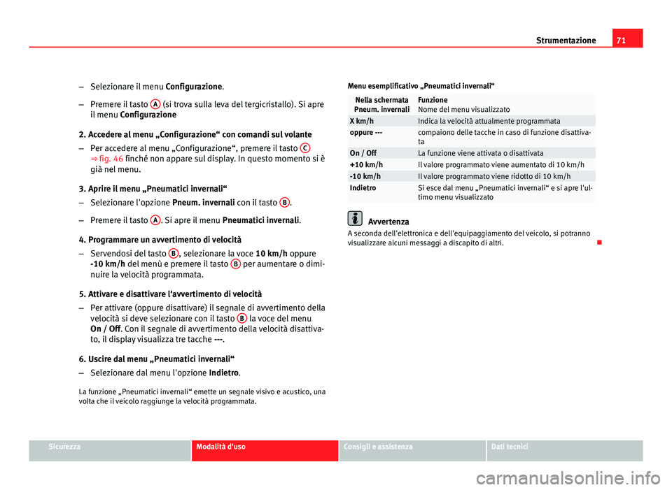 Seat Altea XL 2012  Manuale del proprietario (in Italian) 71
Strumentazione
– Selezionare il menu  Configurazione.
– Premere il tasto  A
 (si trova sulla leva del tergicristallo). Si apre
il menu  Configurazione
2. Accedere al menu „Configurazione“ c