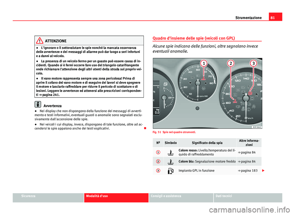 Seat Altea XL 2012  Manuale del proprietario (in Italian) 81
Strumentazione
ATTENZIONE
● L'ignorare o il sottovalutare le spie nonché la mancata osservanza
delle avvertenze e dei messaggi di allarme può dar luogo a seri infortuni
e a danni al veicolo