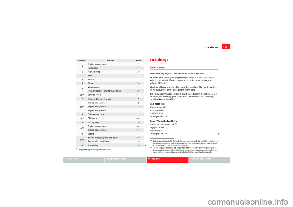 Seat Altea XL 2011  Owners Manual If and when273
Safety First
Operating Instructions
Practical Tips
Technical Specifications
Bulb changeGeneral notesBefore changing any bulb, first turn off the failed component.
Do not touch the bulb 