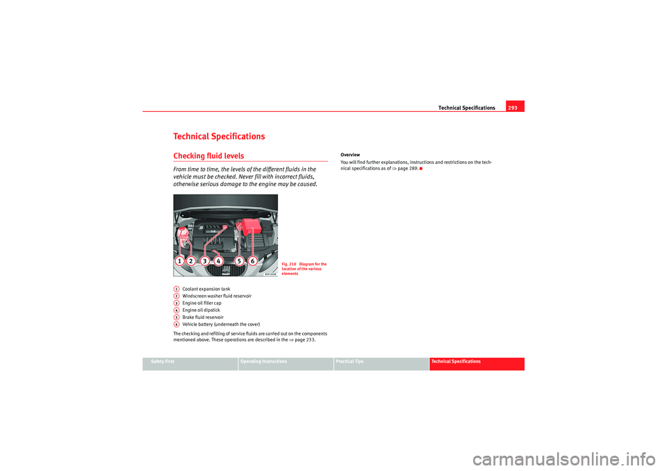 Seat Altea XL 2011  Owners Manual Technical Specifications293
Safety First
Operating Instructions
Practical Tips
Technical Specifications
Technical SpecificationsChecking fluid levelsFrom time to time, the levels of the different  flu