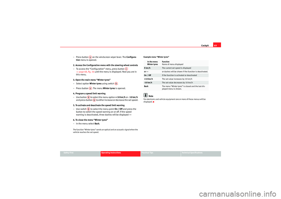 Seat Altea XL 2011 Manual PDF Cockpit69
Safety First
Operating Instructions
Practical Tips
Technical Specifications
– Press button   on the windscreen wiper lever. The  Configura-
tion  menu is opened.
2. Access the Configuratio