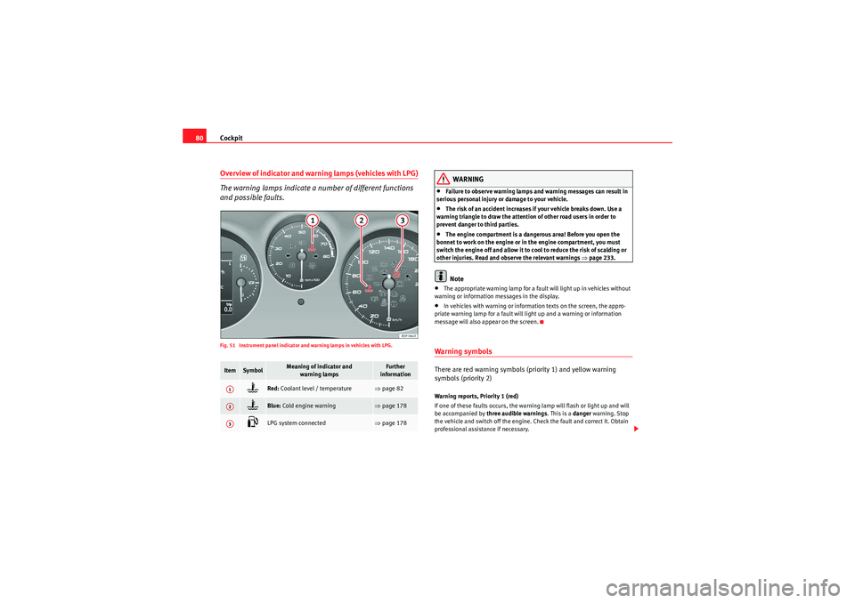 Seat Altea XL 2011  Owners Manual Cockpit
80Overview of indicator and warning lamps (vehicles with LPG)
The warning lamps indicate a number of different functions 
and possible faults.Fig. 51  Instrument panel indicator and warning la