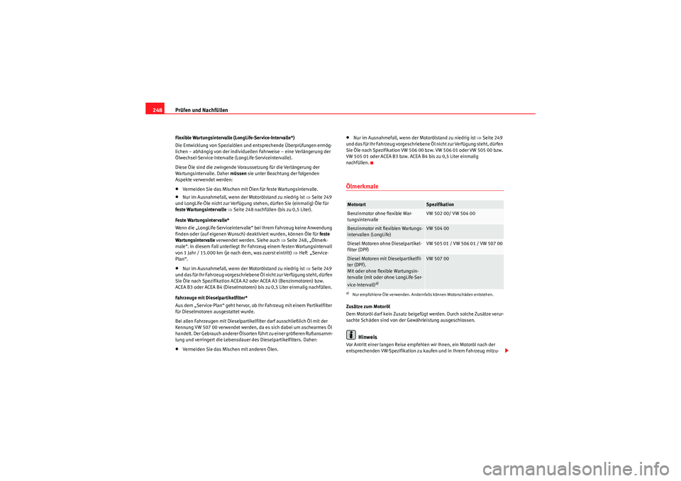Seat Altea XL 2011  Betriebsanleitung (in German) Prüfen und Nachfüllen
248Flexible Wartungsintervalle (LongLife-Service-Intervalle*)
Die Entwicklung von Spezialölen und entsprechende Überprüfungen ermög-
lichen – abhängig von der individuel