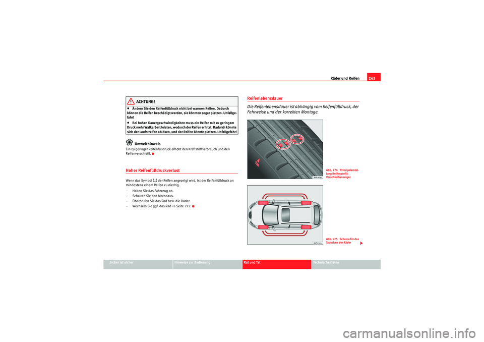 Seat Altea XL 2011 Betriebsanleitung (in German) Räder und Reifen263
Sicher ist sicher
Hinweise zur Bedienung
Rat und Tat
Te c h n i s c h e D a t e n
ACHTUNG!
•Ändern Sie den Reifenfülldruck nicht bei warmen Reifen. Dadurch
können die Reife Seat Altea XL 2011 Betriebsanleitung (in German) Räder und Reifen263
Sicher ist sicher
Hinweise zur Bedienung
Rat und Tat
Te c h n i s c h e D a t e n
ACHTUNG!
•Ändern Sie den Reifenfülldruck nicht bei warmen Reifen. Dadurch
können die Reife