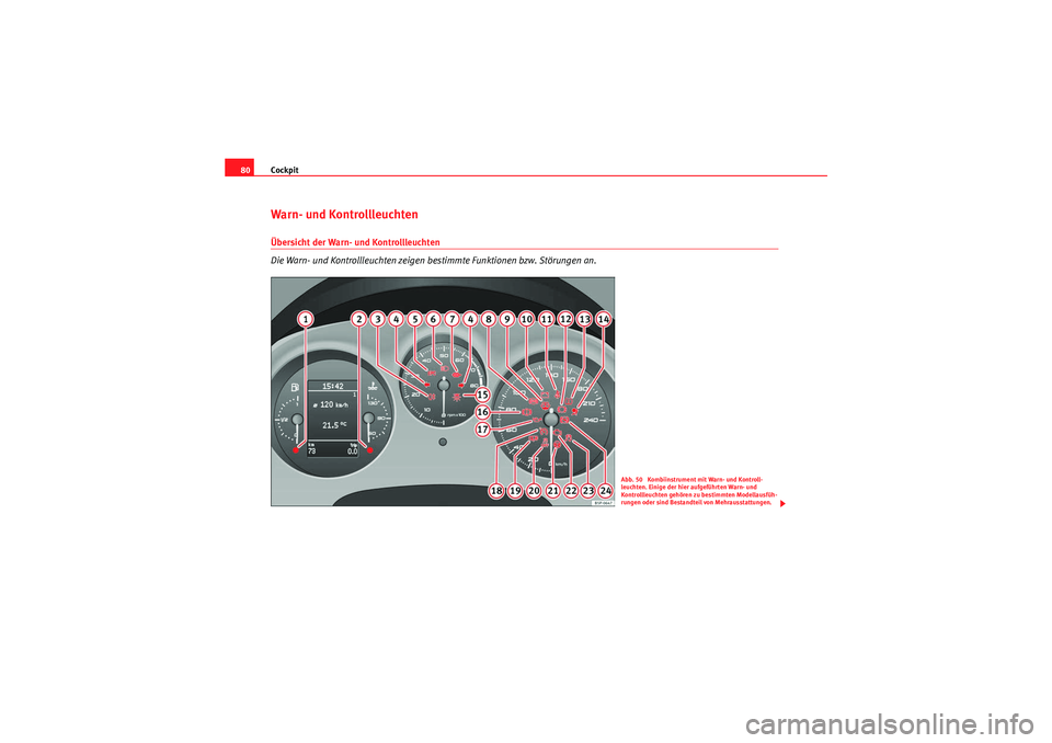 Seat Altea XL 2011  Betriebsanleitung (in German) Cockpit
80Warn- und Kontrollleuchten Übersicht der Warn- und Kontrollleuchten
Die Warn- und Kontrollleuchten zeigen bestimmte Funktionen bzw. Störungen an.
Abb. 50  Kombiinstrument mit Warn- und Kon