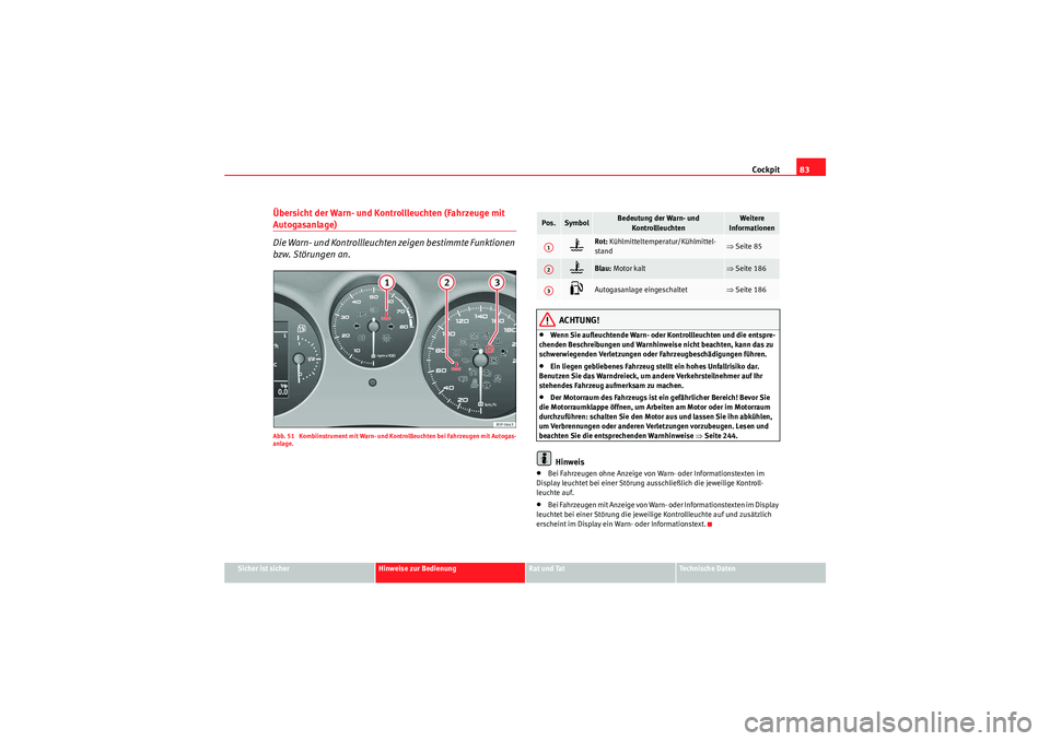 Seat Altea XL 2011  Betriebsanleitung (in German) Cockpit83
Sicher ist sicher
Hinweise zur Bedienung
Rat und Tat
Te c h n i s c h e  D a t e n
Übersicht der Warn- und Kontrollleuchten (Fahrzeuge mit Autogasanlage)
Die Warn- und Kontrollleuchten zeig