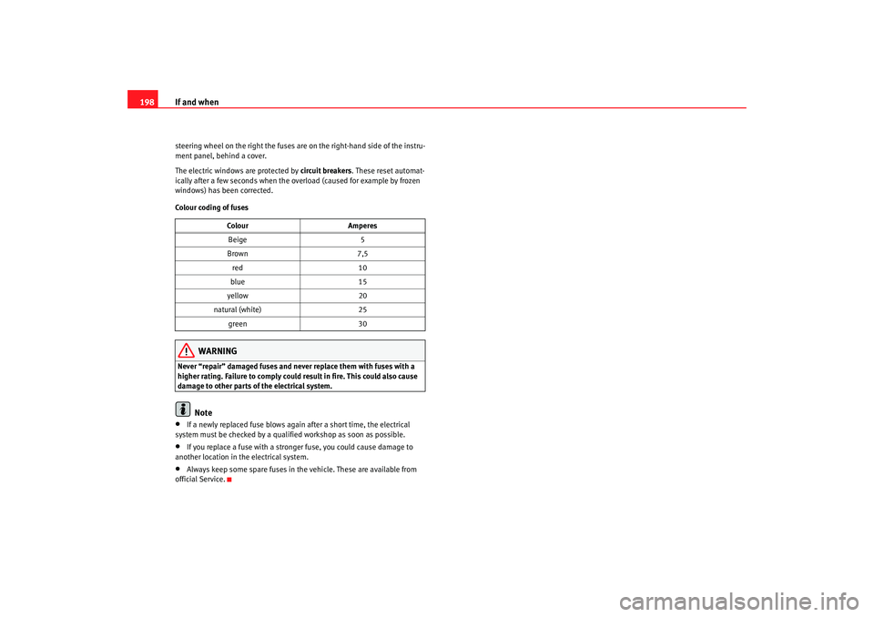 Seat Cordoba 2006  Owners Manual If and when
198steering wheel on the right the fuses are on the right-hand side of the instru-
ment panel, behind a cover.
The electric windows are protected by  circuit breakers. These reset automat-