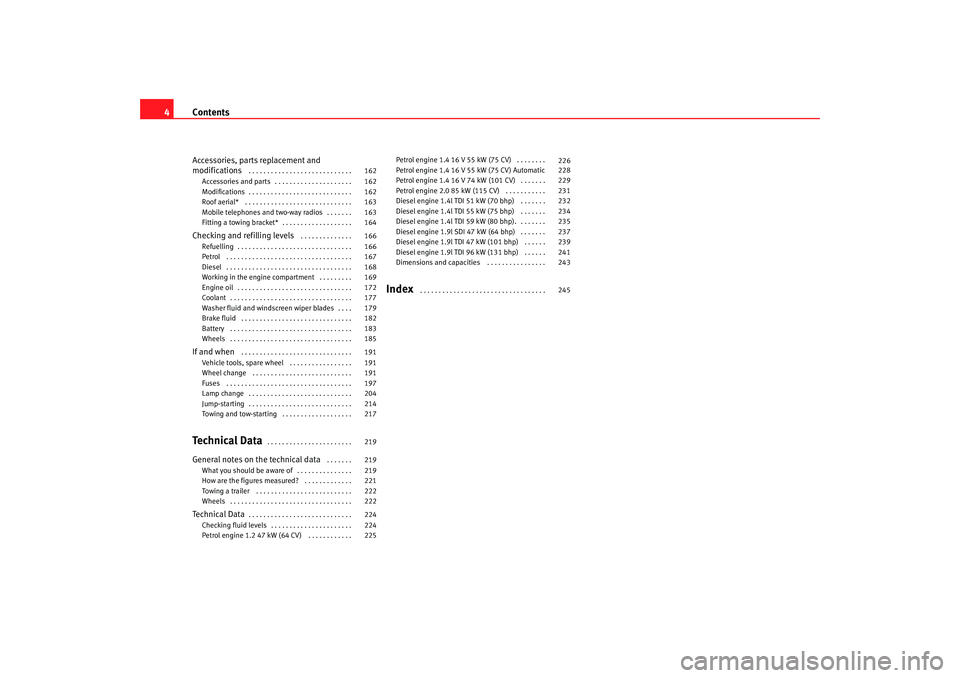 Seat Cordoba 2006 Owners Manual Contents
4Accessories, parts replacement and
modifications
. . . . . . . . . . . . . . . . . . . . . . . . . . . .
Accessories and parts . . . . . . . . . . . . . . . . . . . . .
Modifications . . Seat Cordoba 2006 Owners Manual Contents
4Accessories, parts replacement and
modifications
. . . . . . . . . . . . . . . . . . . . . . . . . . . .
Accessories and parts . . . . . . . . . . . . . . . . . . . . .
Modifications . .