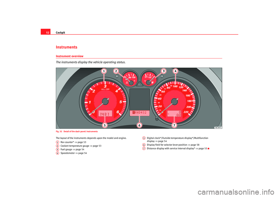 Seat Cordoba 2006  Owners Manual Cockpit
52InstrumentsInstrument overview
The instruments display the vehicle operating status.Fig. 32  Detail of the dash panel: InstrumentsThe layout of the instruments depends upon the model and eng