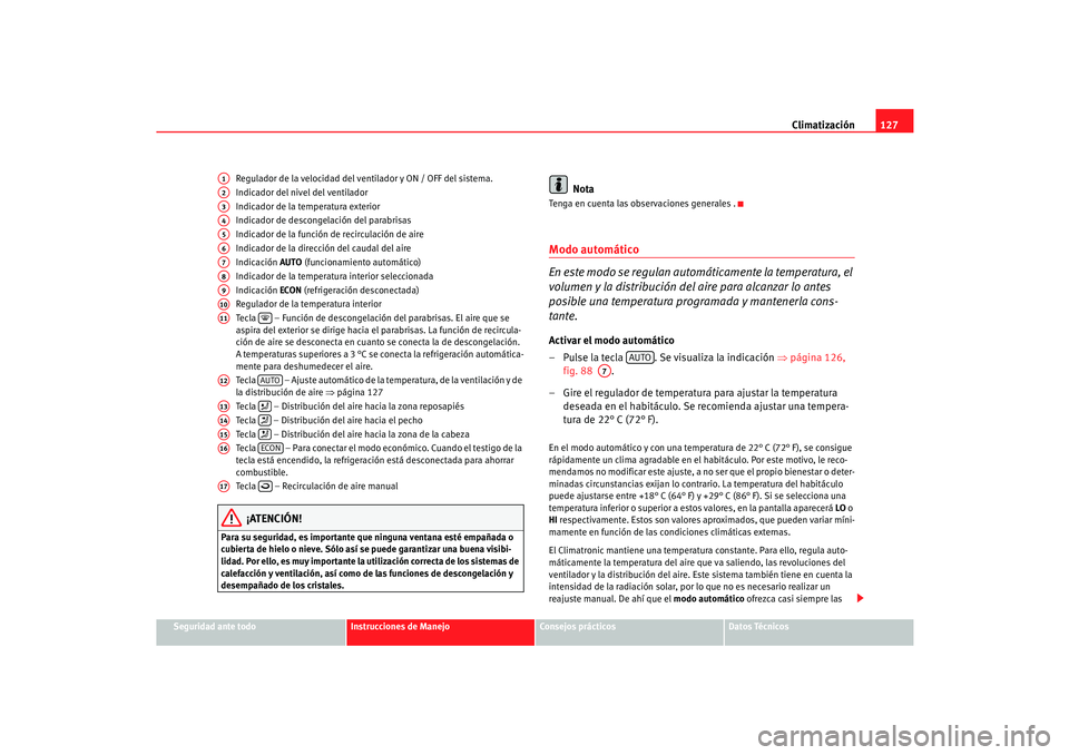 Seat Cordoba 2006 Manual del propietario (in Spanish) Climatización127
Seguridad ante todo
Instrucciones de Manejo
Consejos prácticos
Datos Técnicos
Regulador de la velocidad del ventilador y ON / OFF del sistema.
Indicador del nivel del ventilador
In Seat Cordoba 2006 Manual del propietario (in Spanish) Climatización127
Seguridad ante todo
Instrucciones de Manejo
Consejos prácticos
Datos Técnicos
Regulador de la velocidad del ventilador y ON / OFF del sistema.
Indicador del nivel del ventilador
In