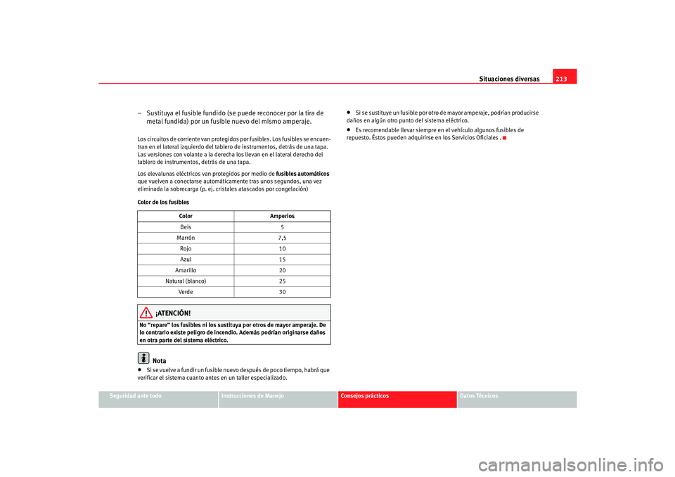 Seat Cordoba 2006 Manual del propietario (in Spanish) Situaciones diversas213
Seguridad ante todo
Instrucciones de Manejo
Consejos prácticos
Datos Técnicos
– Sustituya el fusible fundido (se puede reconocer por la tira de
metal fundida) por un fusib Seat Cordoba 2006 Manual del propietario (in Spanish) Situaciones diversas213
Seguridad ante todo
Instrucciones de Manejo
Consejos prácticos
Datos Técnicos
– Sustituya el fusible fundido (se puede reconocer por la tira de
metal fundida) por un fusib