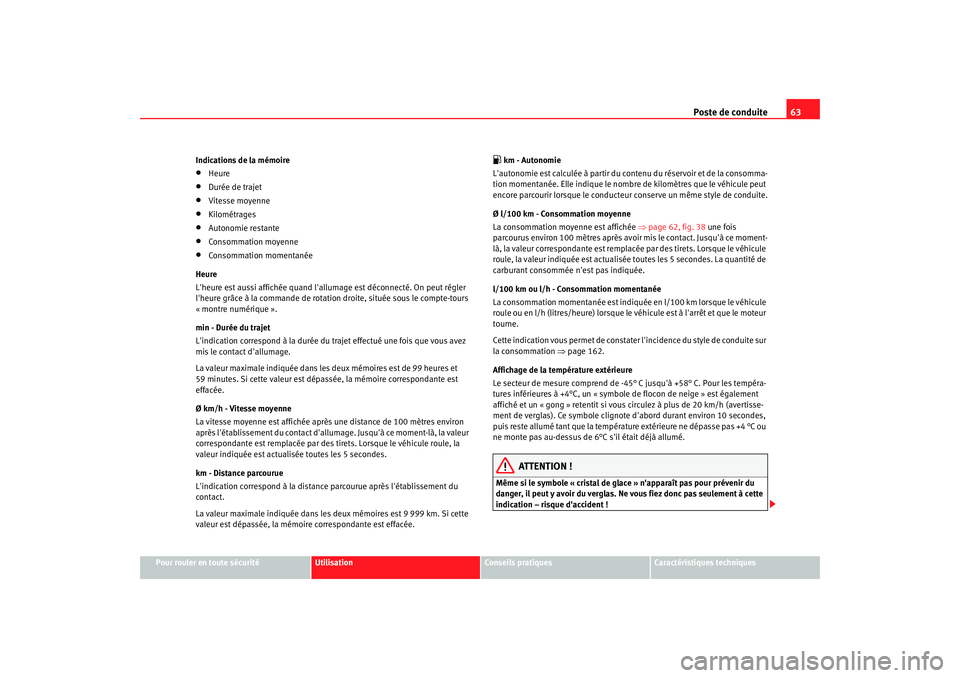 Seat Cordoba 2006 Manuel du propriétaire (in French) Poste de conduite63
Pour rouler en toute sécurité
Utilisation
Conseils pratiques
Caractéristiques techniques
Indications de la mémoire
•
Heure
•
Durée de trajet
•
Vitesse moyenne
•
Kilom Seat Cordoba 2006 Manuel du propriétaire (in French) Poste de conduite63
Pour rouler en toute sécurité
Utilisation
Conseils pratiques
Caractéristiques techniques
Indications de la mémoire
•
Heure
•
Durée de trajet
•
Vitesse moyenne
•
Kilom